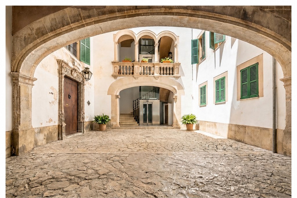 Patio mallorquín con galería de arcos del edificio de 1886